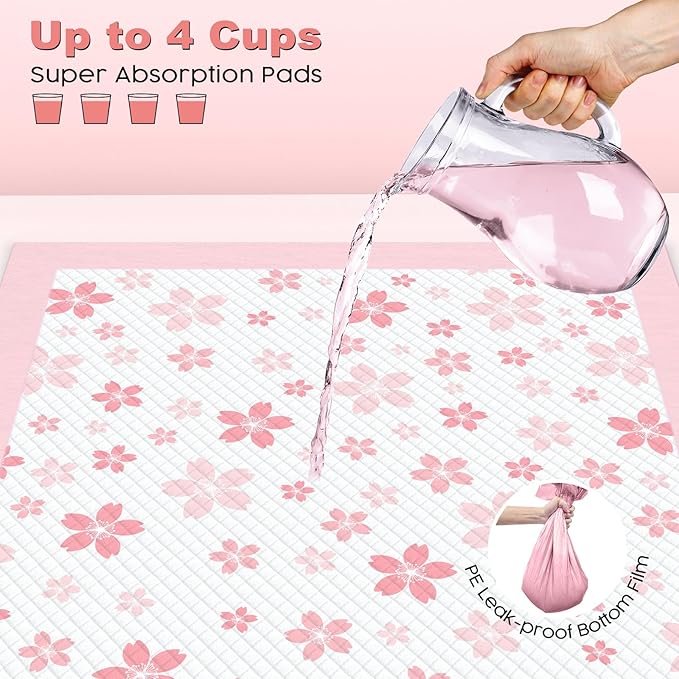 MIZOK Puppy Pads 22"x 22" with Leak-Proof Quick-Dry Design Pee Pads for Dogs Potty Training, 6-Layer Standard Absorbency Dog Pee Pads Regular Size, Pink Cherry Blossom Pattern (50 Counts)
