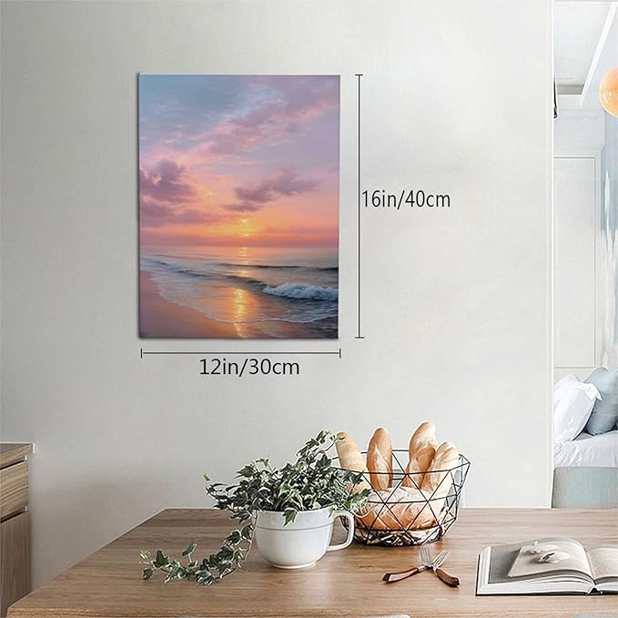 Beach Sunset Wall Art Ocean Coastal Scenery Wall Decor Seascape Picture Canvas Landscape Painting Print Framed Artwork Decorations for Living Room Office Bedroom Kitchen 12"x16"