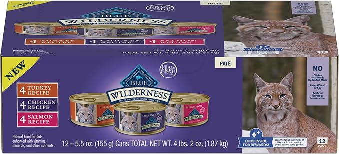 Blue Buffalo Wilderness High Protein, Natural Adult Pate Wet Cat Food Variety Pack, Chicken, Salmon, Turkey 5.5-oz can (12 count - 4 of Each Flavor)