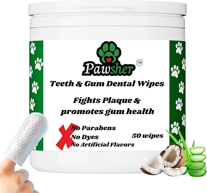 Dog Teeth Cleaning Wipes, Fights Plaque, Freshens Breath & Promotes Gum Health, No-Rinse Finger Toothbrush, Gentle & Naturally Safe, Completes Your Dog Tooth Brushing Kit, 50 Count