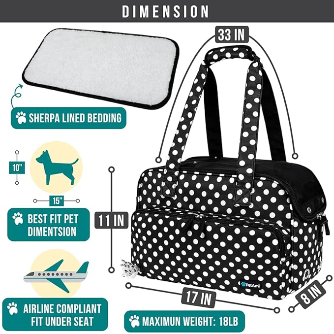 PetAmi Small Dog Purse Carrier, Soft-Sided Pet Carrier Bag with Pockets, Portable Puppy Cat Travel Handbag Tote, Airline Approved Breathable Mesh, Poop Bag Dispenser, Max 18 lbs, Polka Dot Black