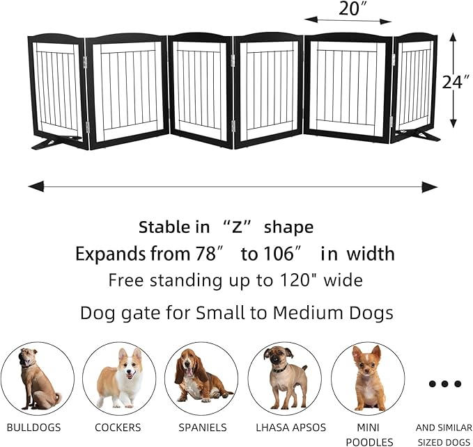 ZJSF Freestanding Dog Fence Indoor, Foldable Dog Gate for Doorways, Stairs or Hallways, Sturdy Wood Extra Wide Pet Gate with Support Feet for The House, Black, 24 "Height-6 Panels