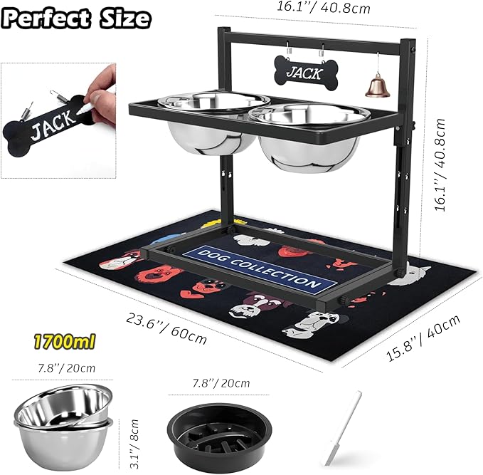 SHAINFUN Elevated Dog Bowls with Slow Feeder & Spillproof Mat, Raised Dog Bowl Stand with 2 Stainless Steel Food Water Bowls, Adjustable Height Stand for Large Medium Breeds