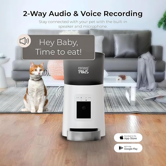 Smart HD Cat Feeder, 2 Way Audio + Voice Recording, Automatic Feeder for Dog with 1080p Night Vision Camera, WiFi App Controlled, Battery Backup, Anti Jam 6L Upto 15 Daily Meals, White Stainless