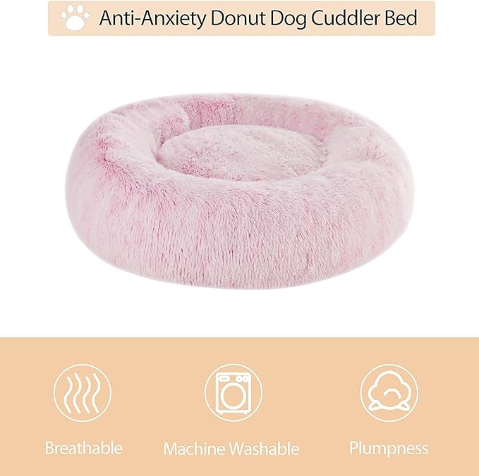 WNPETHOME Calming Dog Bed & Cat Bed Donut, Faux Fur Self-Warming Donut Cuddler, Comfortable Round Plush Pet Beds (27 x 27 x 8 Inch, Light Pink)
