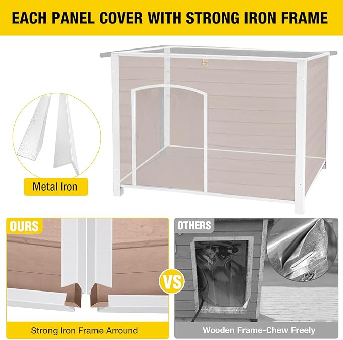 Dog House Outdoor & Indoor Wooden Dog Kennel for Winter with Raised Feet Weatherproof for Small & Medium & Large Dogs,Unique All-Around Iron Frame，Light Brown