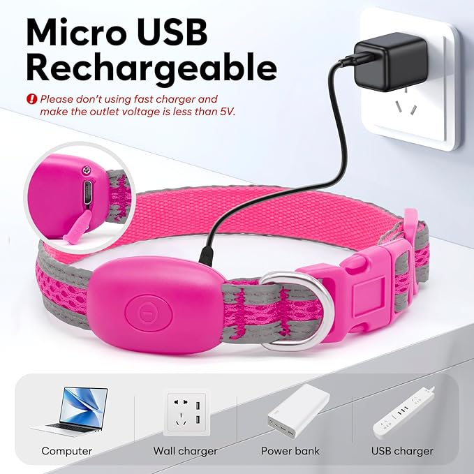 Flashseen LED Cat Collar,Light Up Dog Collar Rechargeable, Dog Lights for Night Walking, Comfortable Soft Mesh Pet Collar Adjustable for Cats Puppy and Small Dogs(Pink, XS)