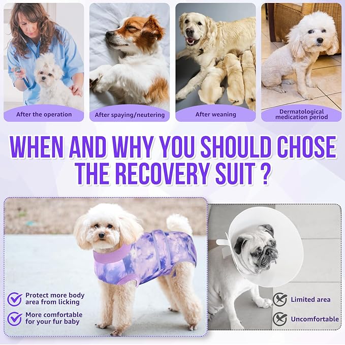 Lukovee Recovery Suit for Dogs, Zipper On Recovery Suit for Female Male Dog, Onesie Abdominal Wounds Cone E-Collar Alternative Prevent Licking Spay Recovery Suit (Small, Purple Tie-dye)