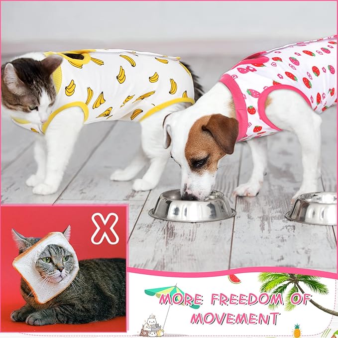 Nuanchu 3 Pieces Cat Recovery Suit Kitten Recovery Suit E-Collar Alternative for Cats and Dogs Abdominal Skin Anti Licking Pajama Clothes Sets(Strawberry Pattern,Medium)