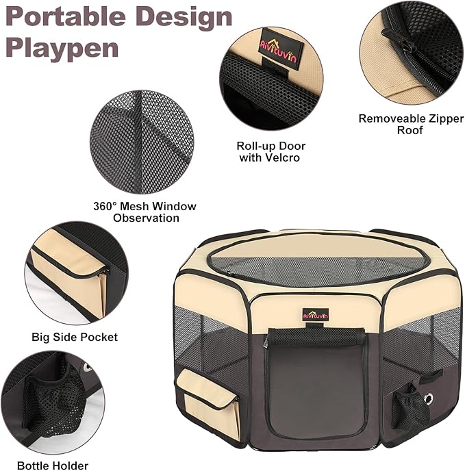 Aivituvin Dog Playpen, Foldable Pet Play Pens with Carrying Bag for Cat, Puppies, Rabbits, Portable Dog Tent Crates Cage for Travel Camping Indoor Outdoor, Removable Shade Cover, Brown S