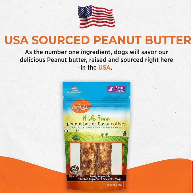 Canine Naturals Peanut Butter Chew - 100% Rawhide Free Dog Treats - Made with Real Peanut Butter - All-Natural and Easily Digestible - 2 Pack of 7 Inch Large Rolls for Dogs 50 lbs and up