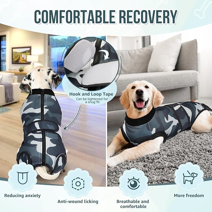 Lukovee Recovery Suit for Dogs, Zipper On Recovery Suit for Female Male Dog, Onesie Abdominal Wounds Cone E-Collar Alternative Prevent Licking Spay Recovery Suit (CF,XS)
