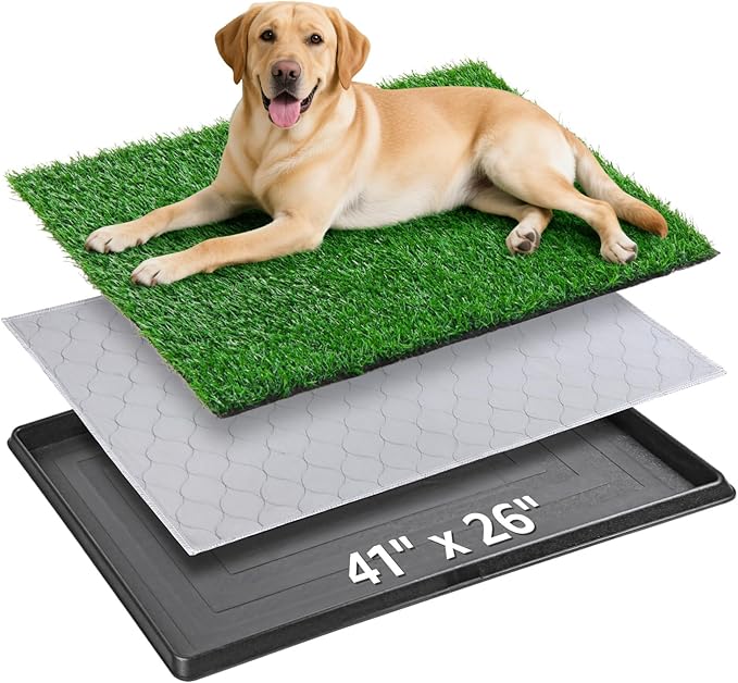 Dog Grass Large Patch Potty Tray, Dog Litter Box, Artificial Grass Mat Bathroom Turf for Pet Training, Washable Puppy Pee Pad, Perfect Indoor/Outdoor Portable Potty Pet Loo (Tray 41''x26'')