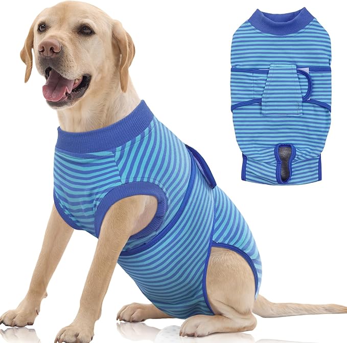 FUAMEY Recovery Suit for Dogs After Surgery,Soft Breathable Dog Bodysuit E-Collar & Cone Alternative Surgical Suit,Male Female Dog Neuter Spay Suits Anti Licking Wounds Onesie Navy Blue Strips XL