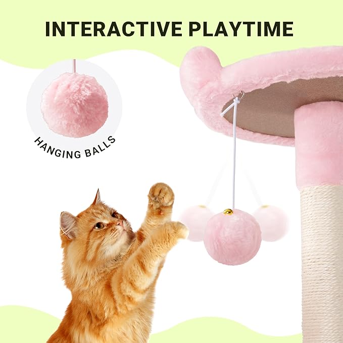 Allewie 64 Inches Cat Tree Tower/Multi-Level Activity Center for Indoor Big Felines/2 Plush Condos/2 Perchs/Basket/House/Sisal Scratching Posts/Hanging Cat Toys/Pink