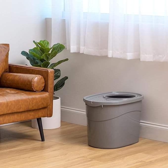 Amazon Basics Large Cat Litter Box with High Sides, Top Entry, Includes Scoop, 20.5 x 14.75 x 14.38 inches, Grey