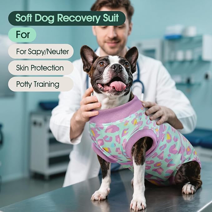 Kuoser Dog Recovery Suit for Dogs After Surgery,Professional Surgical Onesie for Female Male Dogs Spay Neuter,Soft Dog Surgery Suit Bodysuit for Abdominal Wounds Skin Disease,Light Purple Leopard XS