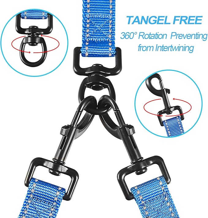 PetBonus Double Dog Leash, No Tangle Dual Leash, Reflective Walking Training Lead, 4 Comfortable Padded Handles for 2 Dogs with Collapsible Bowl and Waste Bags (Blue, Large)