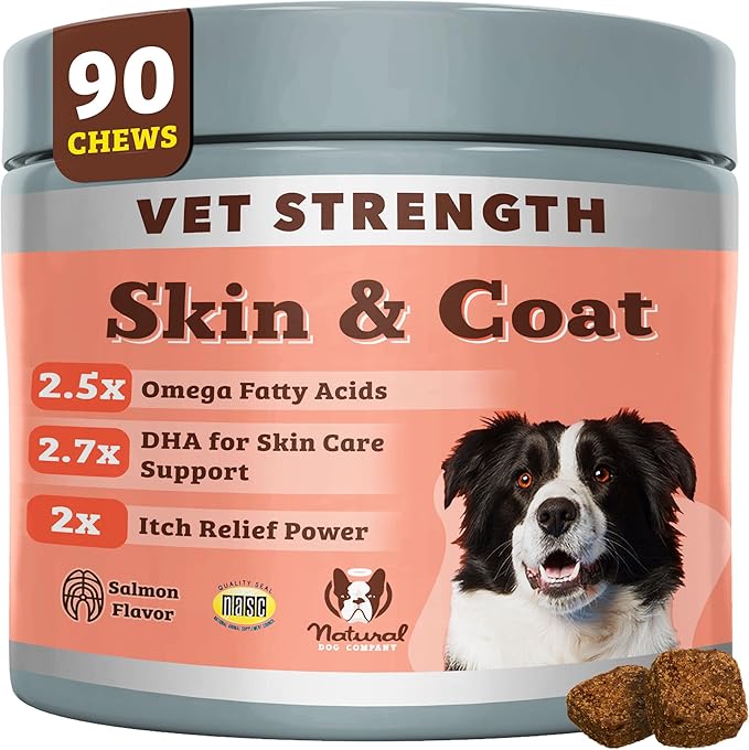 Natural Dog Company Omega Skin & Coat Chews, Vet Strength Supplement, Itchy Skin Relief, Moisture Balance & Coat Hydration, Biotin & Vitamin E, Dry Skin Care, Vet-Recommended, USA Made, 90 Ct