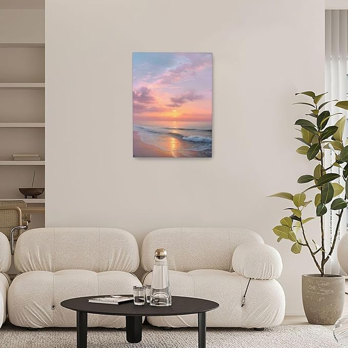 Beach Sunset Wall Art Ocean Coastal Scenery Wall Decor Seascape Picture Canvas Landscape Painting Print Framed Artwork Decorations for Living Room Office Bedroom Kitchen 12"x16"