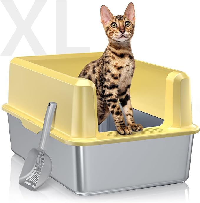 Stainless Steel Litter Box with High Side, XXL Extra Large Cat Litter Box for Big Cats & Multiple Cats, Non-Sticky, No Urine Leakage, Easy Clean Cat Litter Pan Include Scoop