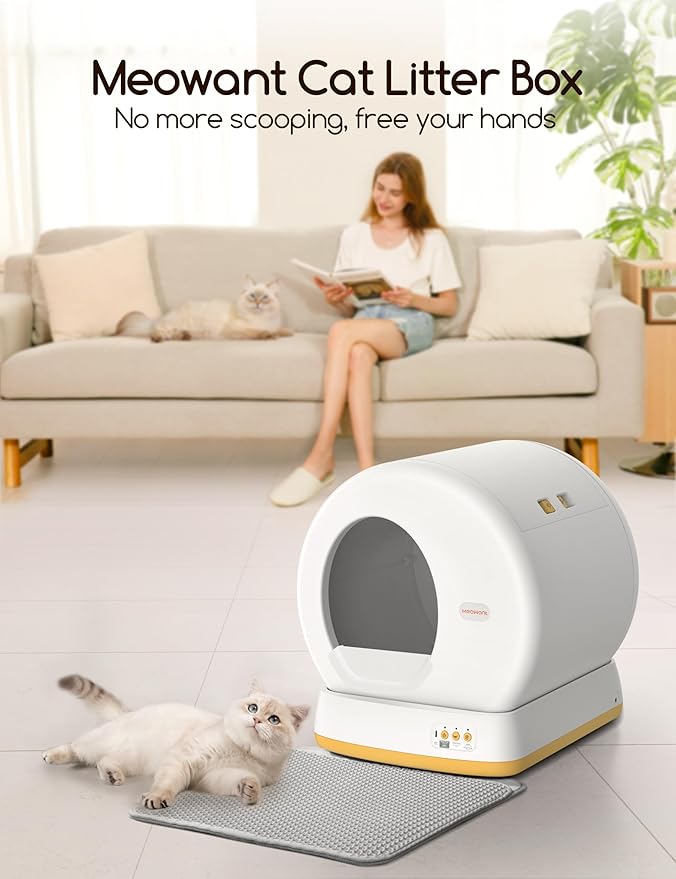 MeoWant Self-Cleaning Cat Litter Box, Advanced Safety System Automatic Cat Litter Box Perfect for Multi Cats, Extra Large/Odor Control/APP Control Smart Cat Litter Box with Mat & Liner, Yellow