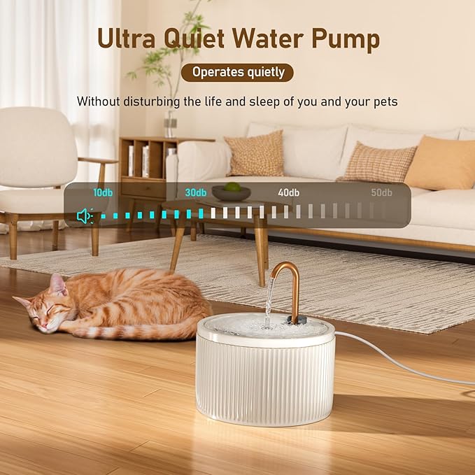 DOOOB Ceramic Cat Water Fountain, 2.1L/71oz Ceramic Cat Fountains, Automatic Pet Water Fountain for Cats, Pet Water Fountain with Ultra-Quiet Pump and 3 Filters & 3 Sponges (Beige)
