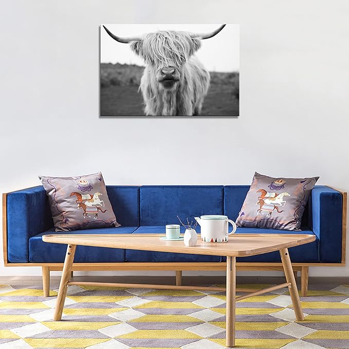 XXMWallArt FC3681 Highland Cow Canvas Art - Black and White Animal Wall Art for Living Room, Bedroom, Office Wall Decor