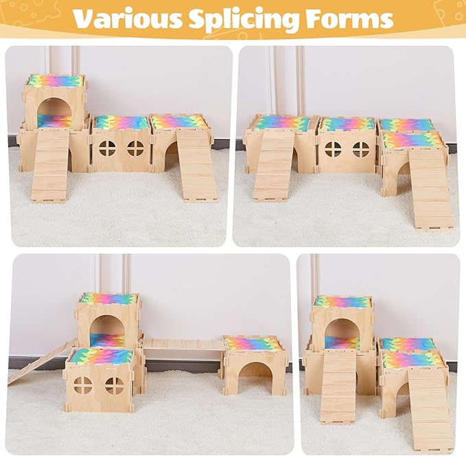 Guinea Pig Hideout, Guinea Pigs House with Stairs and Mats Extra Large Guinea Piggy Castle Detachable Hideouts for Small Animals Wooden Guinea Pig Habitats with Multiple Doors and Windows