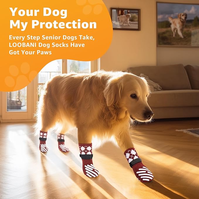 LOOBANI Dog Socks to Prevent Licking Paws - Dog Socks for Hardwood Floors Anti Slip for Traction Control - Dog Grippy Socks for Senior Dog Small Medium Large Dogs on Tile Floors, Red XL