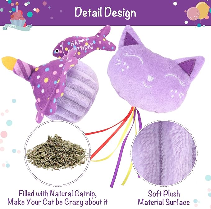 BINGPET Cat Birthday Catnip Toys for Indoor Cats,Cat Birthday Hat,Bandana and Cat Birthday Cake Interactive Plush Kitten Chew Toys,Cute Fish,Balloon Toys with Crinkle Paper and Catnip Inside(Purple)