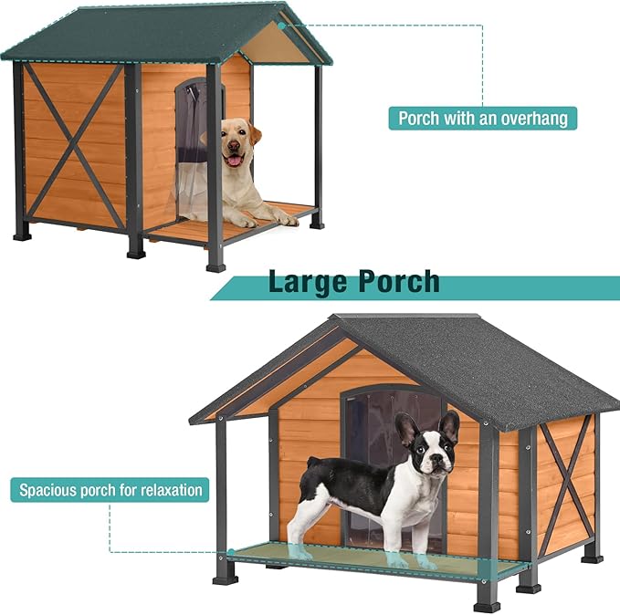 Outdoor Dog House,Weatherproof Wooden Dog Shelter for Medium to Large Sized Dogs,Iron Frame Indoor Outdoor Doghouse,Puppy Kennel,Pets Warm House in Winter with Large Porch