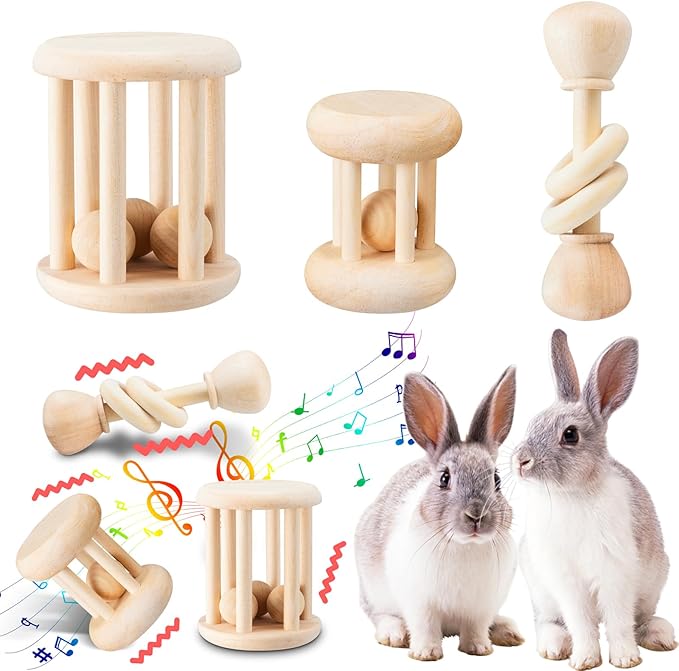 3 Pcs Natural Wooden Bunny Toys, Safe Rabbit Toys for Guinea Pig Chinchillas Hamsters Small Animals Playing Teeth Grinding Indoor Outdoor