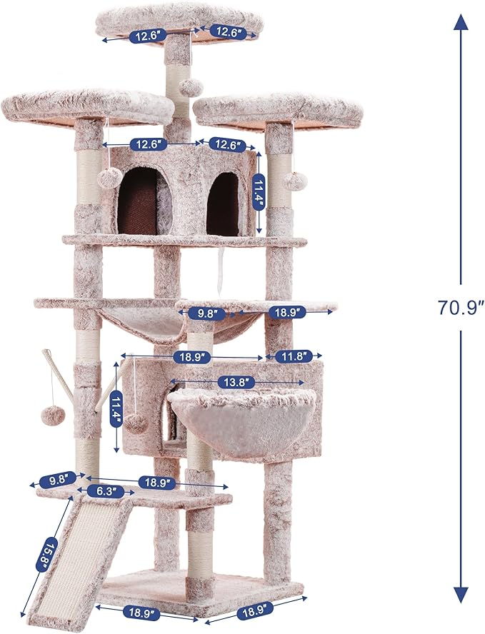 Hey-brother Cat Tree, 71 inches XL Large Cat Tower for Indoor Cats, Multi-Level Cat House with 3 Padded Perches, Big Scratcher, Cozy Basket, 2 Cat Condos and Scratching Posts, Muchroom MPJ034MU