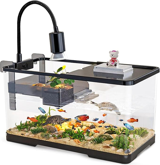 (Tank + Light + Filter Balls) Turtle Tank Kit, Turtle Tank Starter Kit,Bottom Drainage, Multi-Function Areas for Turtles, Crabs,Fishes, Amphibians,Reptiles. (15.75 x 8.64 x 8.64 Inch)
