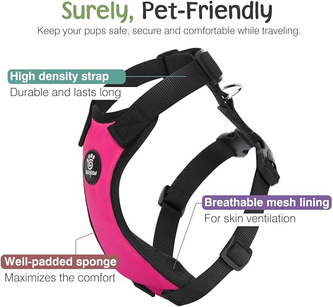 Dog Seat Belt, Safety Vest Dog Car Harness with Adjustable Buckle Dog Seat Belt for Vehicle Nylon Pet Safety Seat Belts Heavy Duty(M, Magenta)