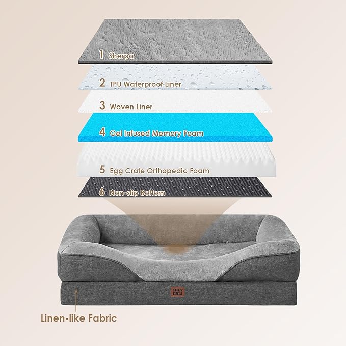 EHEYCIGA Memory Foam XL Dog Bed for XLarge Sized, Extra Large Orthopedic Dog Sofa with Sides and Waterproof Liner, Washable Bolster Pet Couch with Removable Cover, 48x35x7.5 Inch, Grey