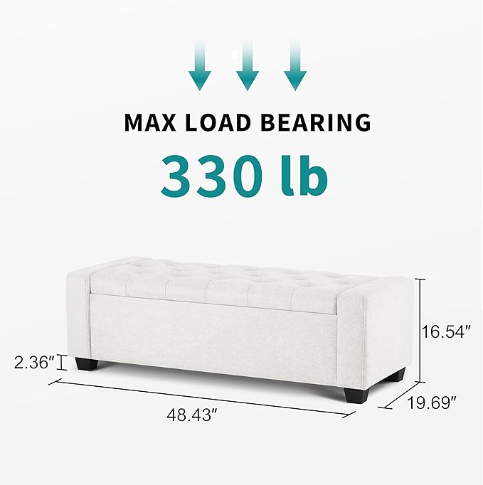 48" Ottoman with Storage, White Storage Ottoman Bench with Safety Hinge, Upholstered Entryway Bench with Seating for Bedroom, Living Room, Holds up to 330 lb