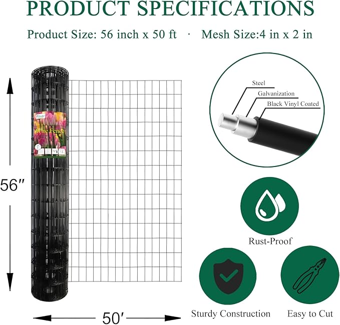 Black PVC Coated Welded Wire Fence 56 Inch x 50 Foot, 2 Inch x 4 Inch 14GA, Garden Border Fencing Roll Vinyl Coating Metal Wire Mesh Hardware Cloth for Yard Vegetable Plant Protection