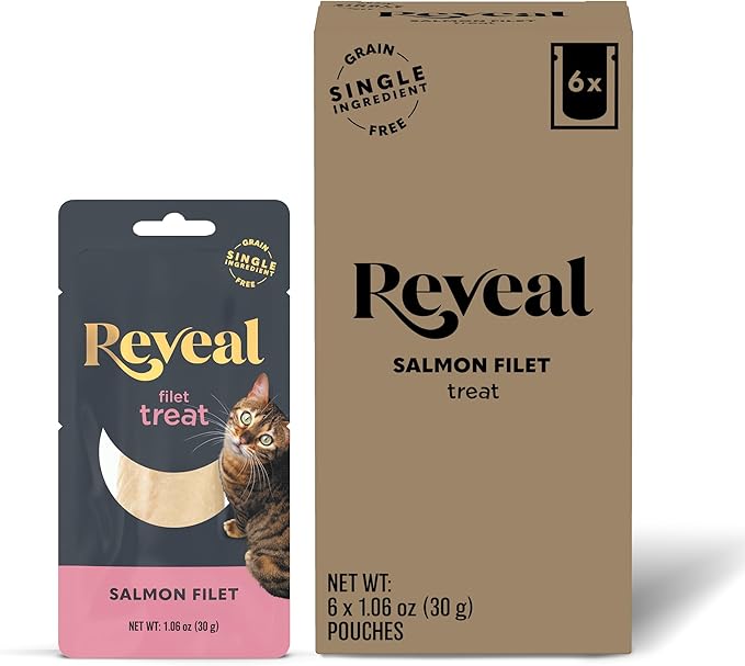 Reveal Natural Cat Treats, 6 Count Single Ingredient Treat for Cats, Grain Free, Whole Salmon Loin, 1.06 oz Bags