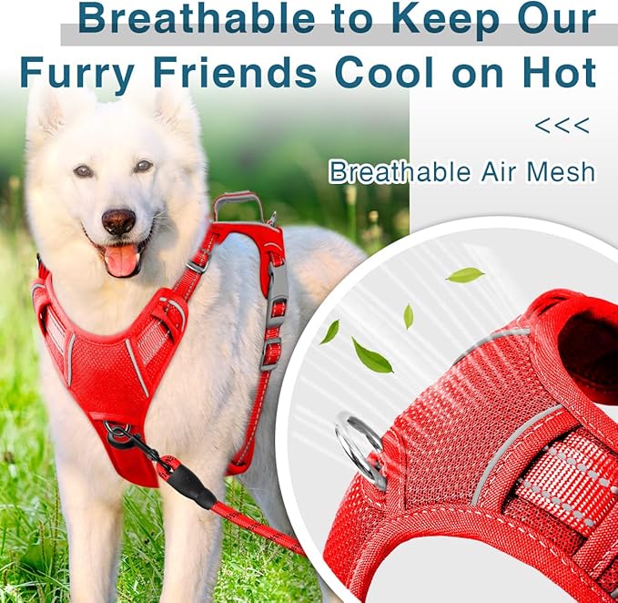 BARKBAY Dog Harness No Pull with ID Tag Pocket - Heavy Duty, Reflective, Easy Control for Large Dogs(Red,XL)