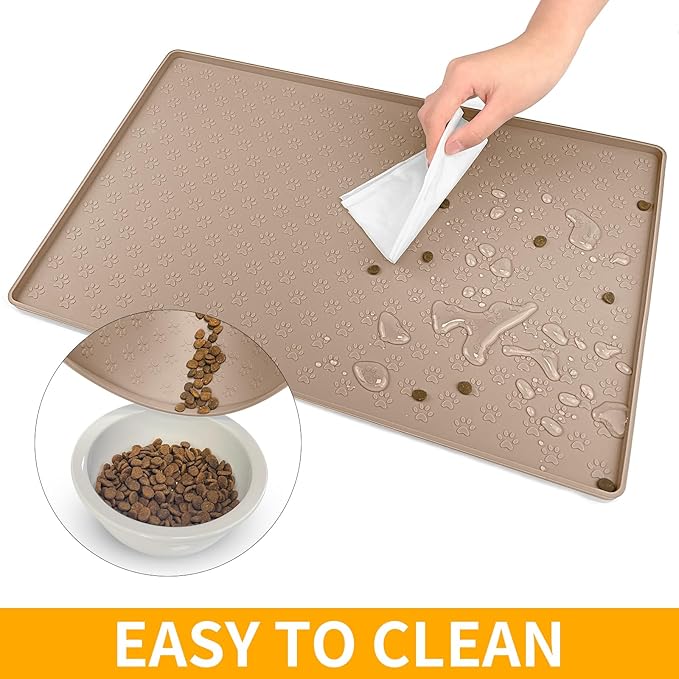 Ptlom Silicone Dog Food Mat Waterproof Pet Feeding Mat with High-Lips, Anti-Slip Dog Bowl Mat for Food & Water, Non-Spill Puppy Feeding Tray for Small, Medium & Large Dogs and Cats, Taupe