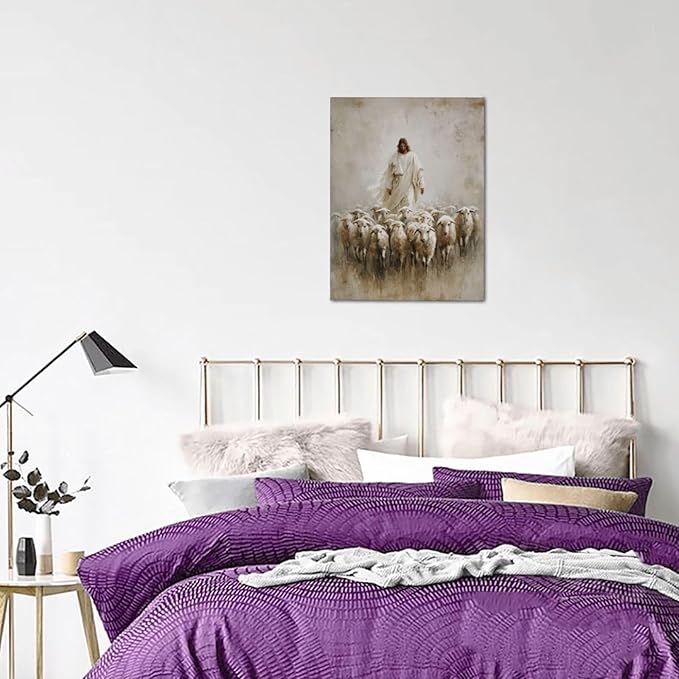 Jesus and Lamb Wall Art Christian Jesus Lamb Canvas Wall Decor Christ Religious Pictures painting Print Framed Artwork Decorations Gifts for Living Room Bedroom Prayer Room Church 12"x16"