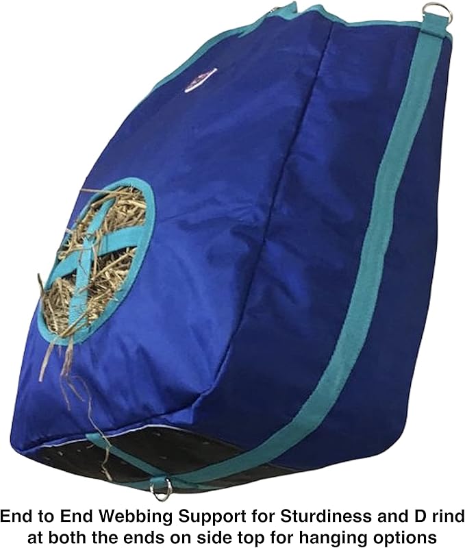 Majestic Ally Nylon Hay Feeder Tote Bag for Horse, Goat, Sheep - Double Sides Open Feed Hole with Faux Leather Ventilated Bottom- Premium Quality -Simulates Grazing - Reduces Waste (Royal Blue)