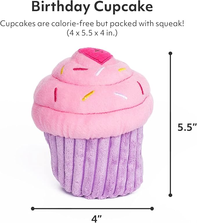 ZippyPaws Birthday Cupcake- Dog Squeaky Toys to Keep Them Busy, Funny Food Plush for Small, Medium, & Large Dogs, Cute Stuffed Puppy Toy, Pet Products, Gift for Dogs of All Breeds, Soft & Cuddly- Pink