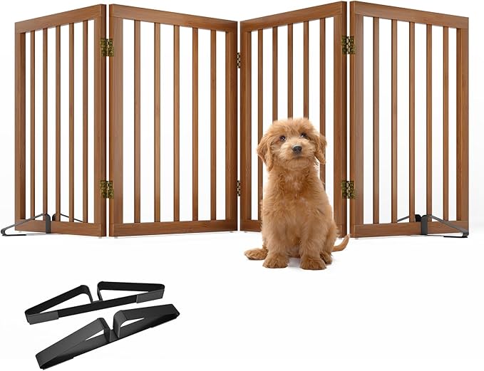Freestanding Pet Gate Foldable 4 Panel Dog Gate Walnut Dog Gates for Stair Doorways House Indoor (2 Support Feet Included)