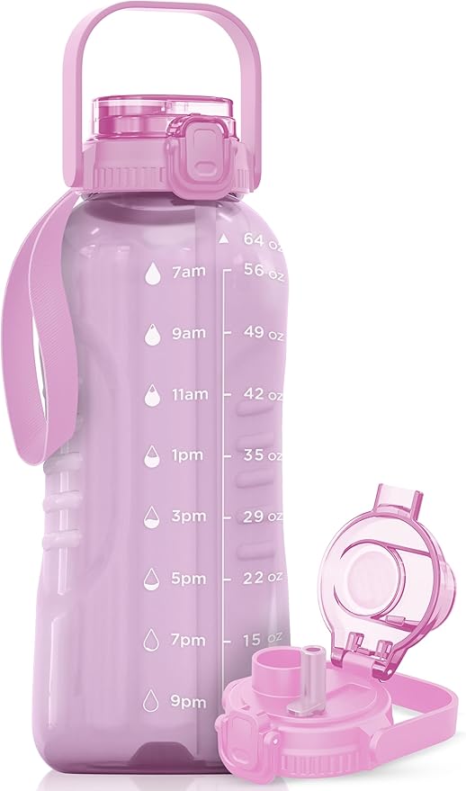 AQUAFIT 64 oz Water Bottle with Time Marker - 2in1 Straw & Chug Lid - BPA Free Big Water Bottle with Straw - Gym Water Bottle with Strap - Water Jug (64 Ounces, Purple Haze)