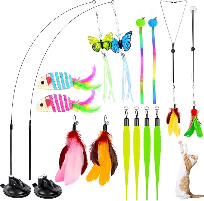 HONGDDY Cat Toys, 14Pcs 4 in 1 Indoor Adult Cat Interactive Toys, Hanging Door Kitten Wand with Suction Cup Removable Feathers Balls Mice Butterfly Streamers