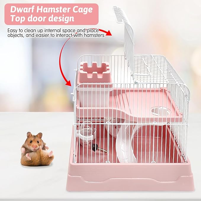 PINVNBY 2-Tier Dwarf Hamster Cage, Travel Portable Mouse Cage Gerbil Cages and Habitats Small Animal Carrier with Castle House Running Exercise Wheels, Water Bottle and Food Dis