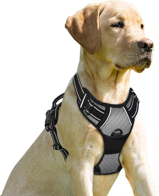 BARKBAY No Pull Dog Harness Front Clip Heavy Duty Reflective Easy Control Handle for Large Dog Walking(Dark Grey,M)